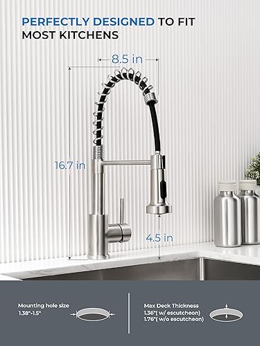 Miniatura 82 de WEWE Llave de cocina dorada cepillado con pulverizador desplegable, llave con resorte de latón/acero inoxidable, un mango, con placa de cubierta, 1