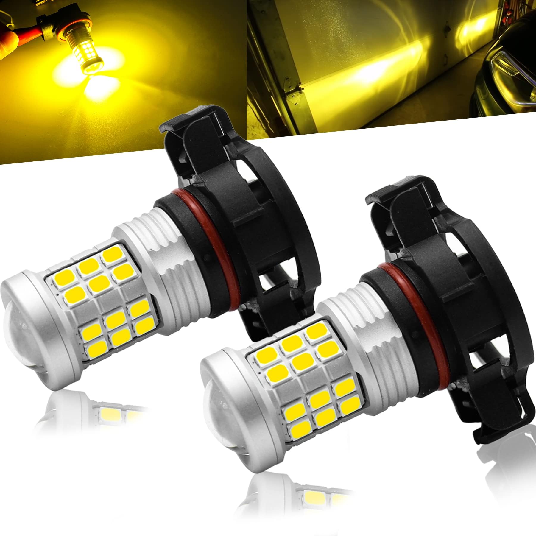 KISLED Super Bright 3000lm 5201 5202 LED Fog Lights Bulbs DRL High Power 2835 Chips with Projector Lens Replacement for Cars Trucks, Golden Yellow