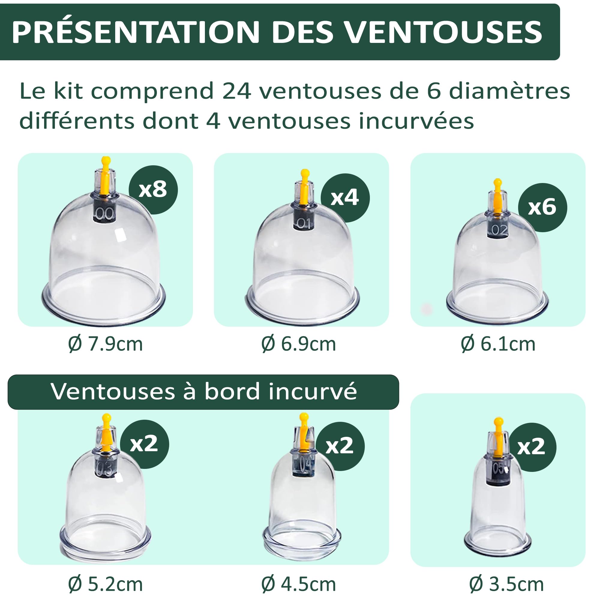 Uplife Kit de 24 Ventouses Thérapeutiques -Instructions en Français- Ventouses Chinoises et Kiné pour Massage Anti Cellulite et Cupping - Ventouses Dos et Kinesithérapie - Kit Hijama Professionnel
