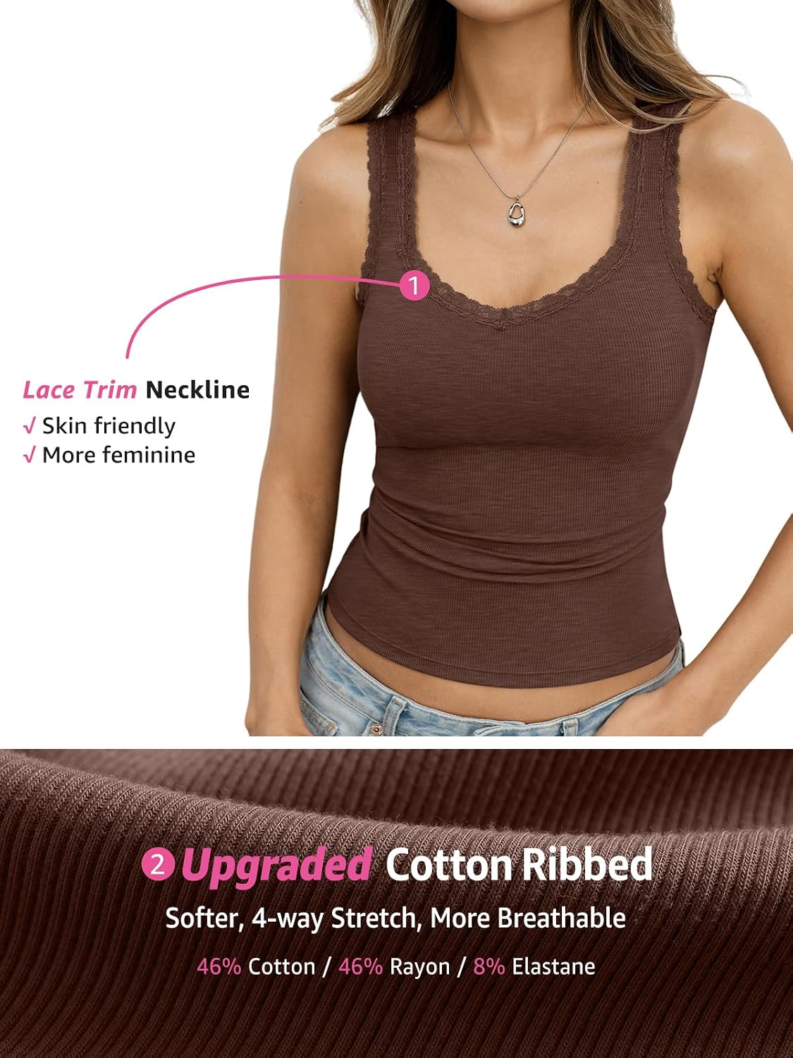 Womens Lace Trim Ribbed Tank Tops V Neck Sleeveless Tops Fitted Cute Going Out Camisole Summer Trendy Outfits 2026 image 4