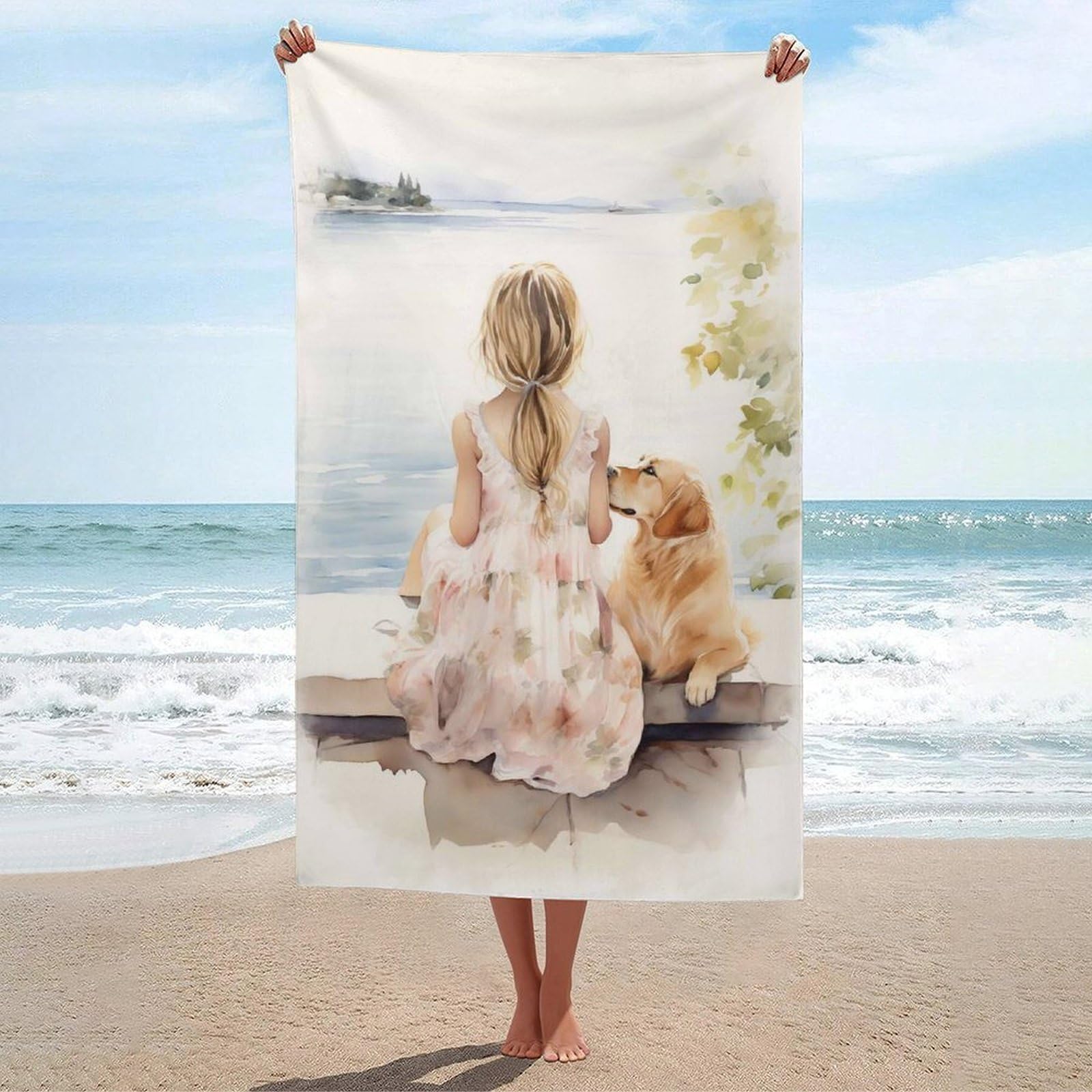 Serviette de plage ultra-absorbante et compacte 130x80 cm motif fille et chien de camping