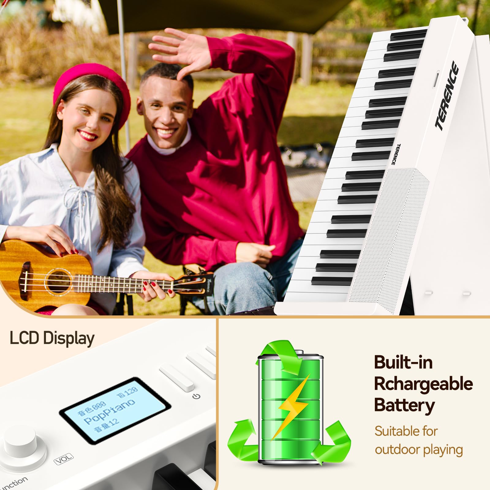 TERENCE Pieghevole Pianoforte Digitale 88 Tasti semi-pesati con batteria da 1800 mAh Altoparlanti 2x5W Bluetooth interfaccia MIDI supporto per spartiti Borsa Cavo audio con Pedale di sostegno Bianco