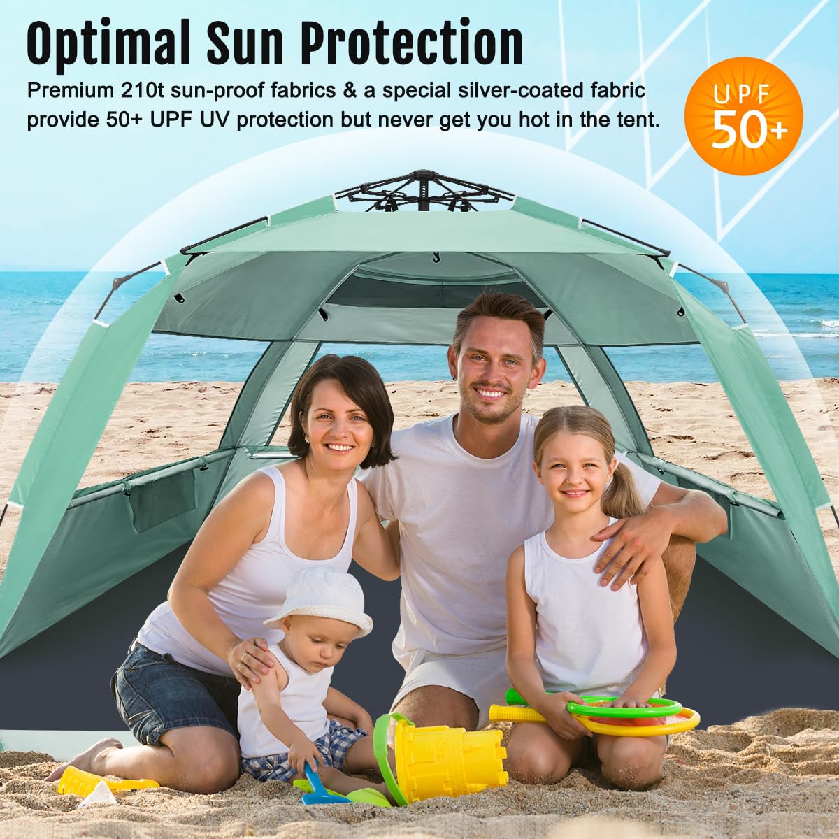 WhiteFang Deluxe Tente de plage pop up pour 3-4/5-6 personnes, protection UV, sol extensible, avec 3 fenêtres en maille aérée, Sac de transport, piquets et haubans inclus