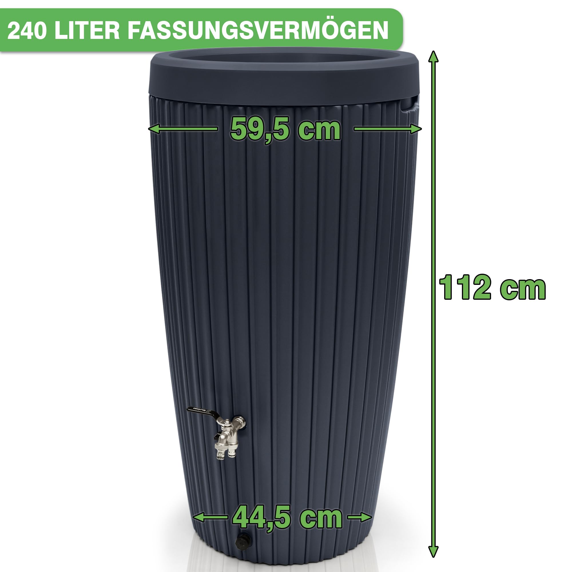 YourCasa Regentonne 240 Liter [RainCatcher] Messing Wasserhahn & Deckel - Regenfass Frostsicher aus Kunststoff - Regenwassertonne - Regenwassertank Garten Wassertank Regensammler Wasserfass (Graphite)