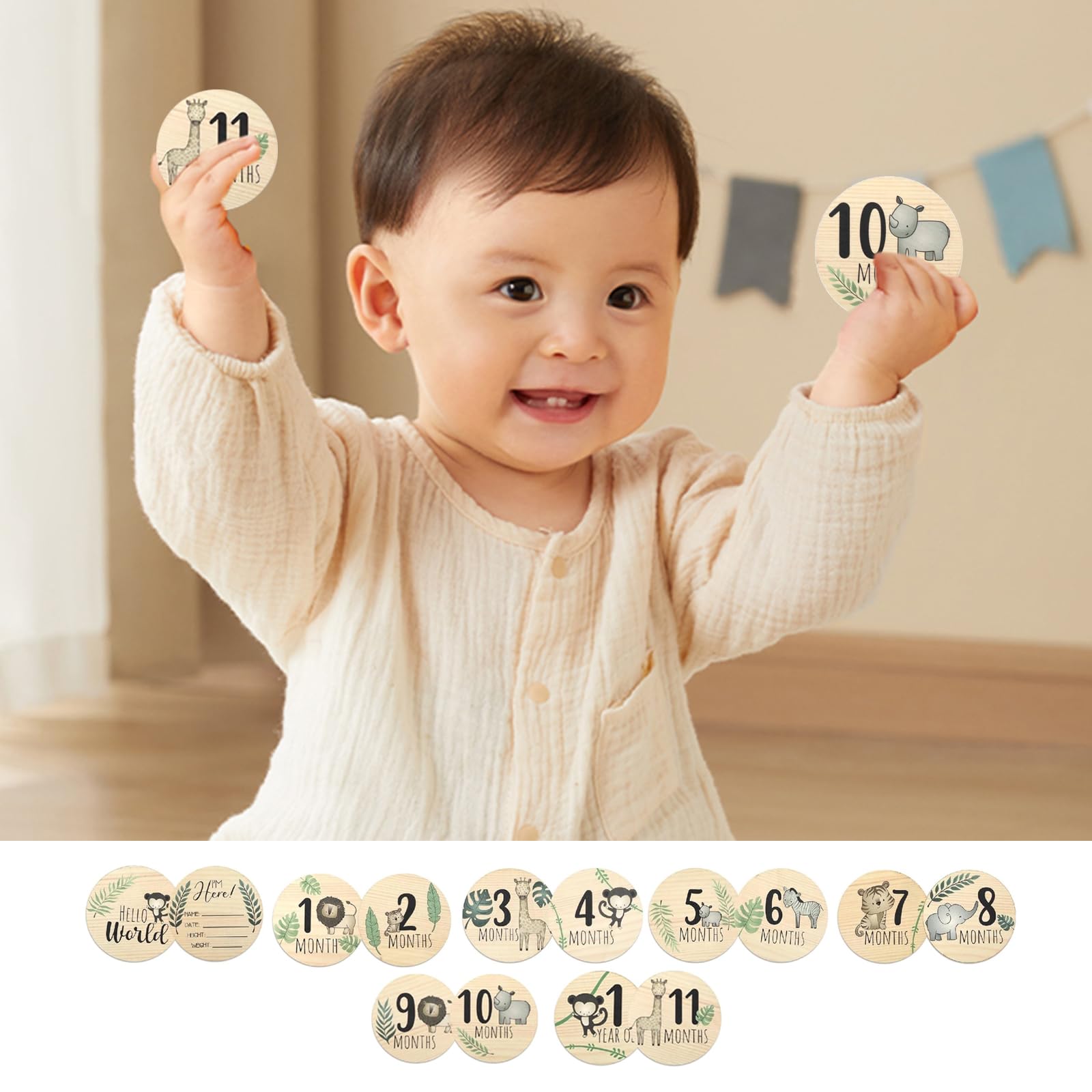 ExcellaElite Milestone Baby Cards 7 PCS,Baby Monthly Milestone Cards Wooden,Double-Sided Baby Milestone for New Parents Gift Set,Baby Months Cards for Baby Photos Nursery Decor Baby Shower Gifts - Image 4