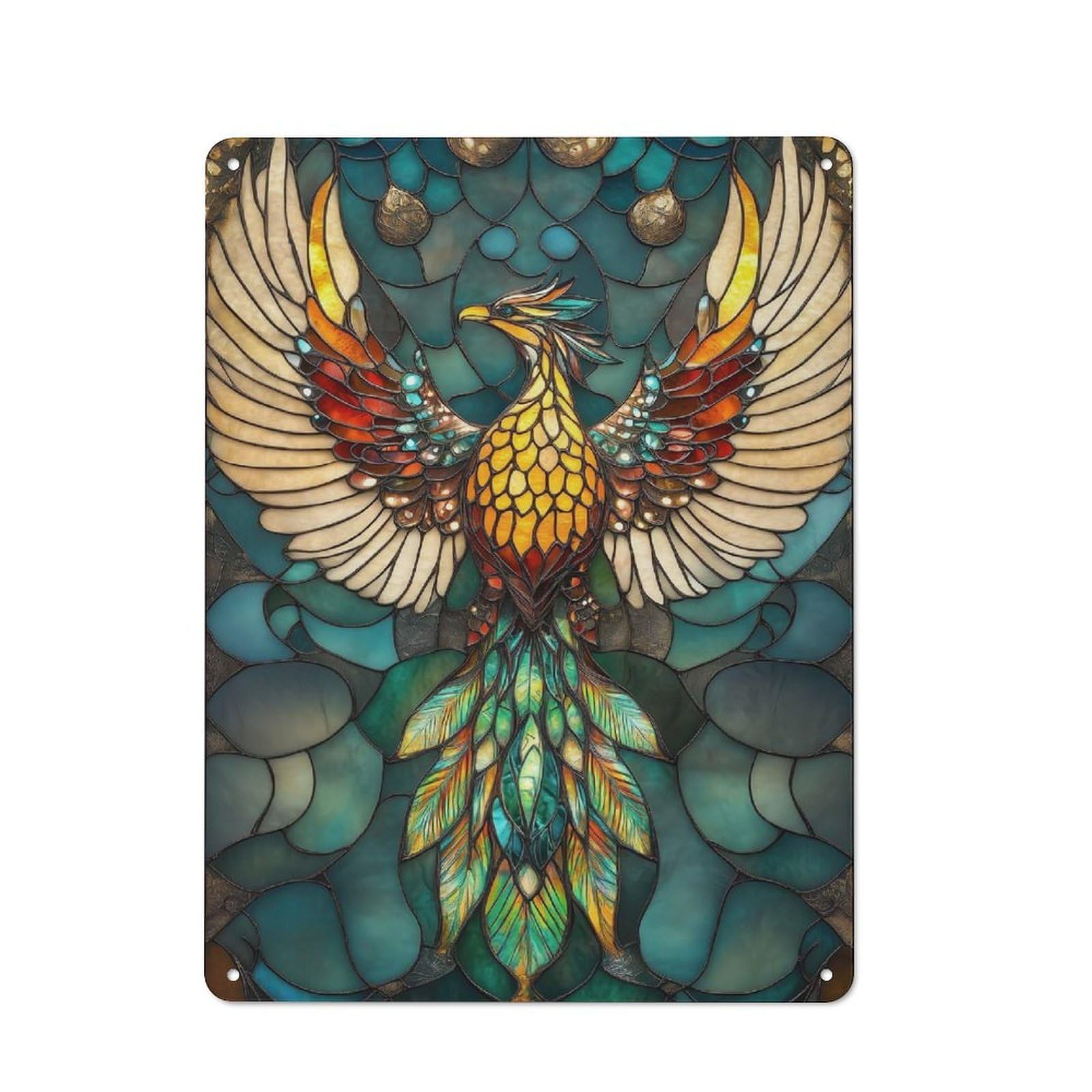 Creative Phoenix Stained Glass Tin Sign 40x30cm, Study Room Decor for Workspace, Cafe, Shop Or Desk Area