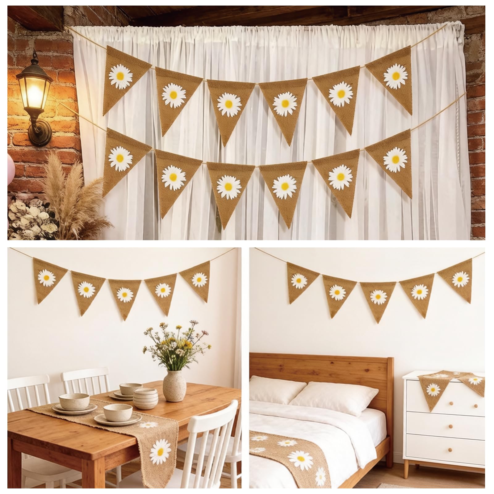 12 Pcs Daisy Burlap Bunting Banner, Garden Flower Bunting Decorations for Parties and Celebrations, Hessian Floral Bunting for Indoor and Outdoor Use, Easter Bunting for Home Decor — view 7