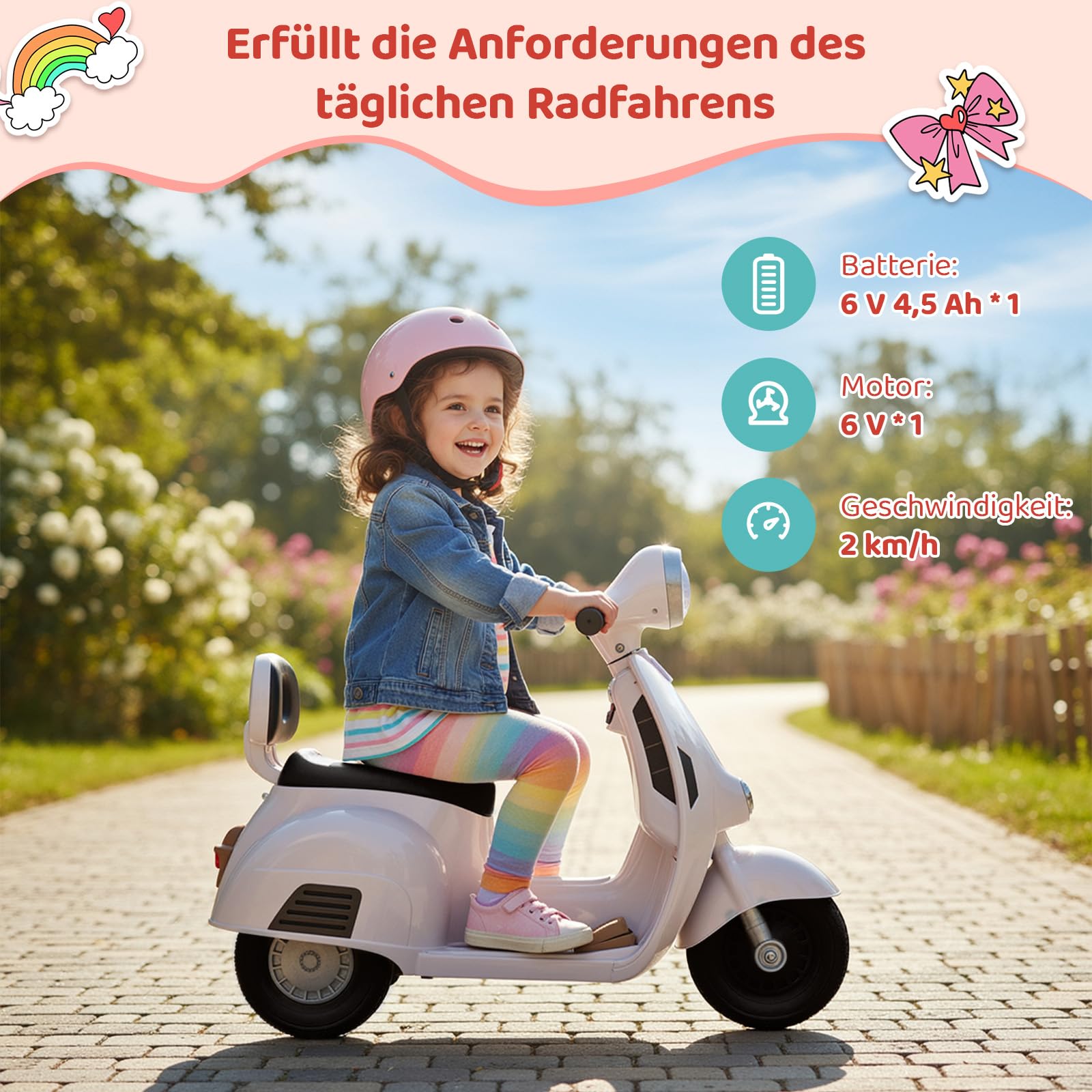MAMIZO Moto Elettrica per Bambini 6V, Moto Giocattolo Cavalcabile a 3 ruote, Avanti e Indietro, con schienale, Fari, USB, Pedali, Musica, 72x56x37 cm, 2 km/h, max 20 kg, per bambini 3-6 anni, Bianco