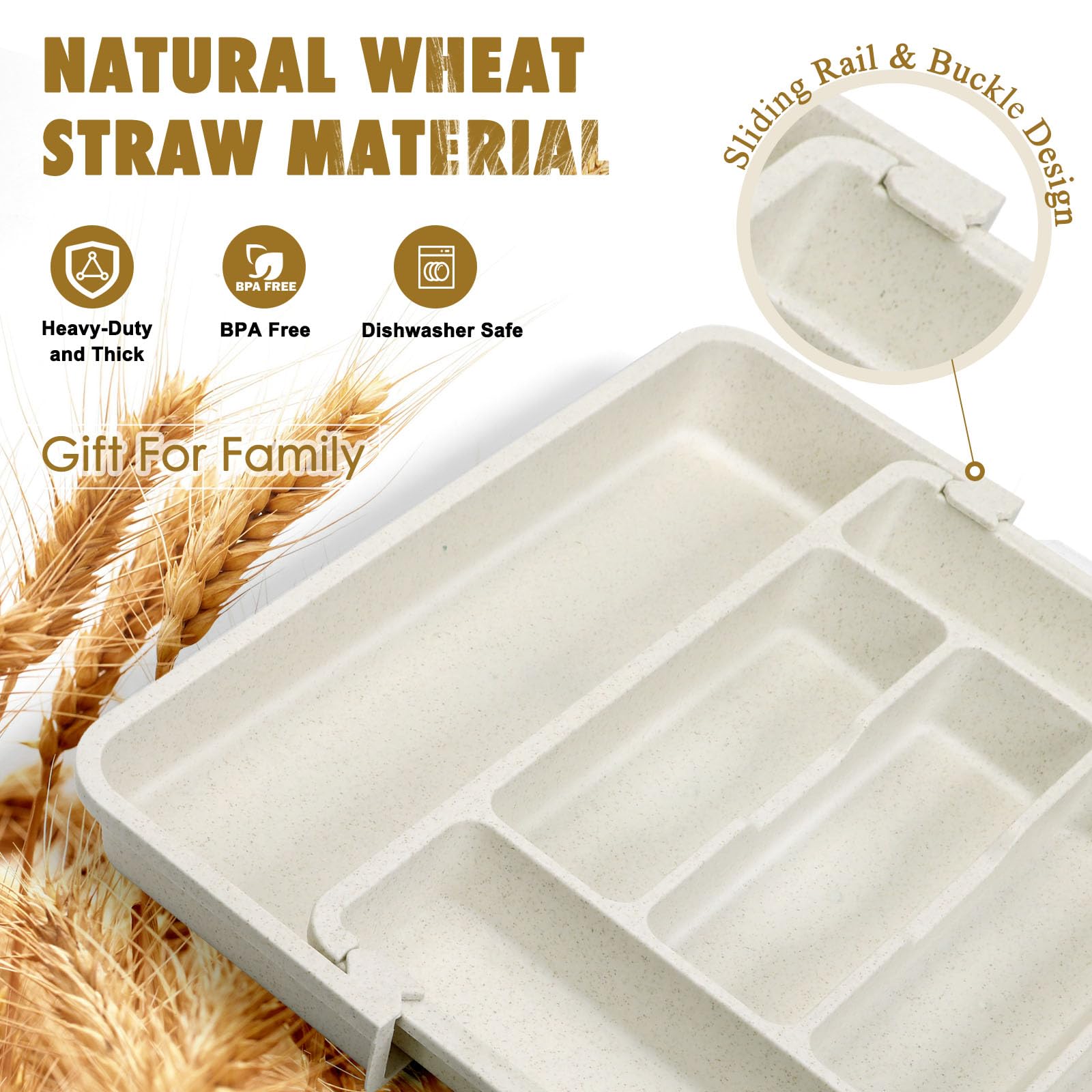 FANCILLA Organizador de cubiertos de paja de trigo para cajones de cocina, organizador de cajones de utensilios de cocina, organizador de cajones de cubiertos ajustable, bandeja apta para lavavajillas