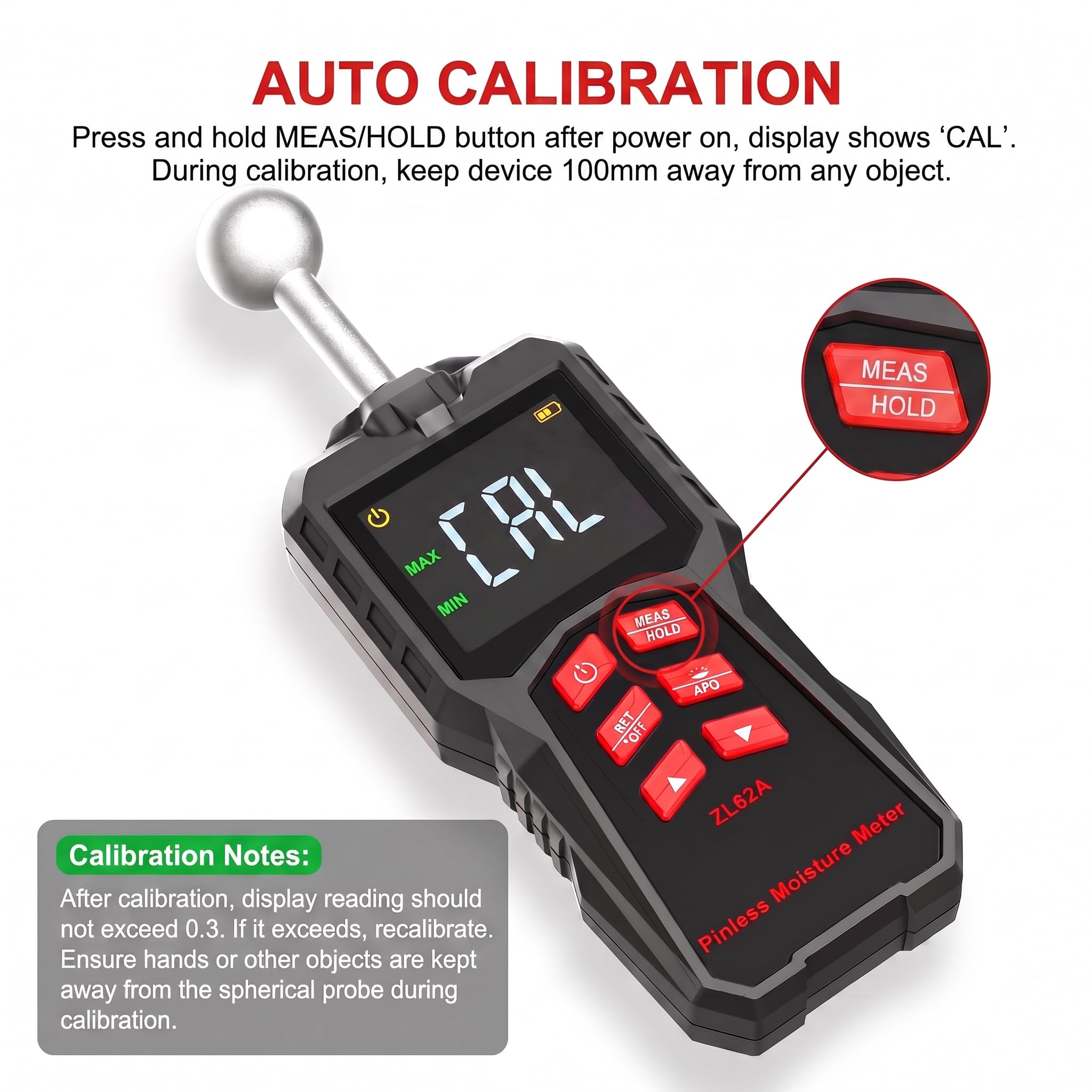 Medidor de humedad de pared Pinless con sensor de bola, LCD de color para