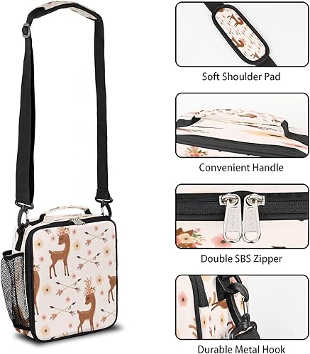 Miniatura 4 de Lonchera con diseño de ciervos y animales para niños, lonchera con estampado floral y flores para niñas y niños, lonchera congelable con correa