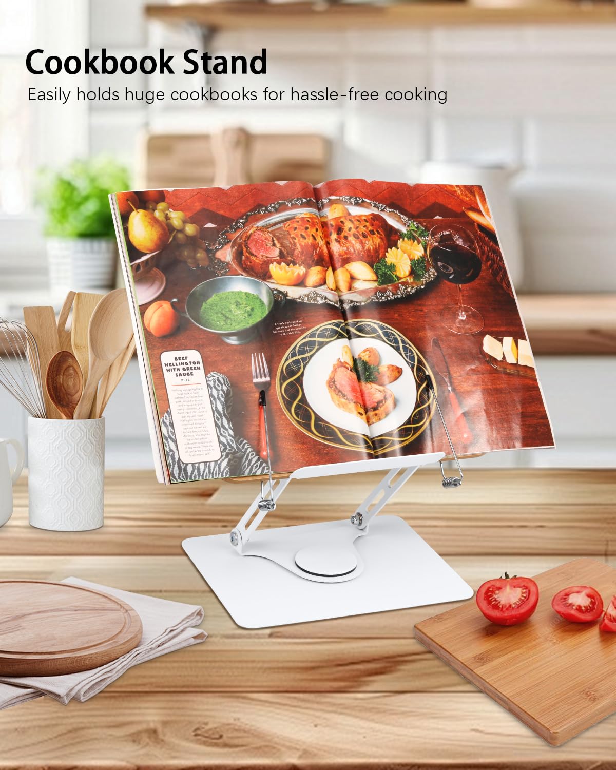 HARRYFIT Adjustable Book Stand - 360° Rotating & Height Adjustable, Foldable Design With Page Clips For Cookbooks, Sheet Music, Textbooks & Laptops