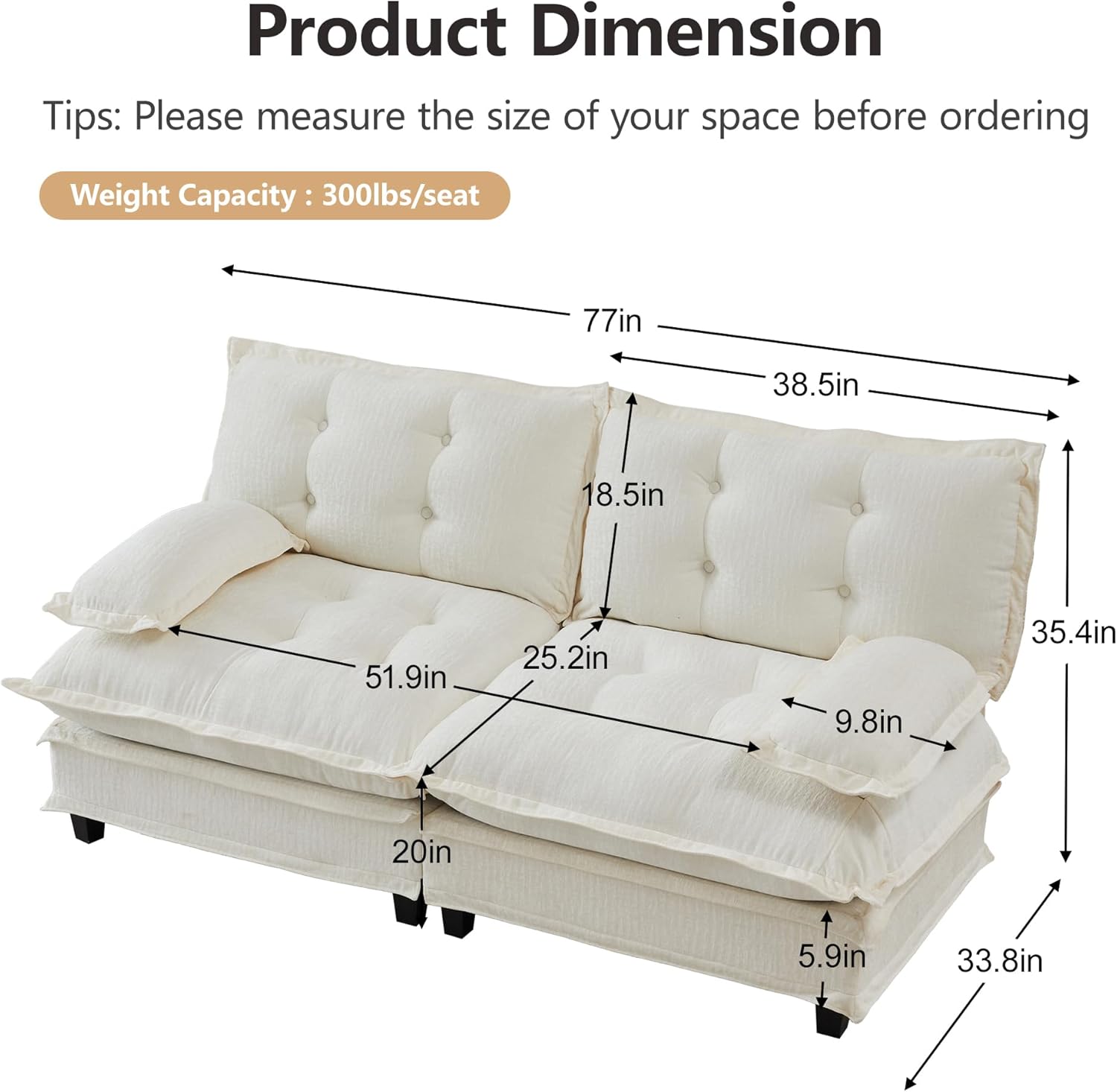 77" Modern Sectional Couch for Living Room, Comfy Chenille Cloud Couch with Lattice Decored Cushion, Breathable 2-Seat Loveseat Deep Seat Sofa for Bedroom Apartment, Beige