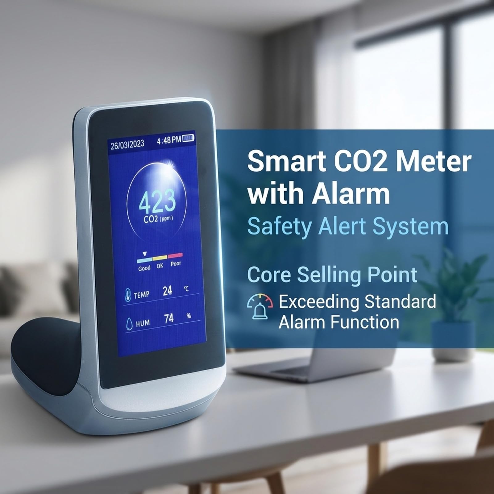 Detector de Dióxido de Carbono con Tecnología NDIR, Monitoreo en Tiempo Real, Función de Alarma Sonora, Medidor de CO2 con Batería de 3000mAh para Espacios Interiores
