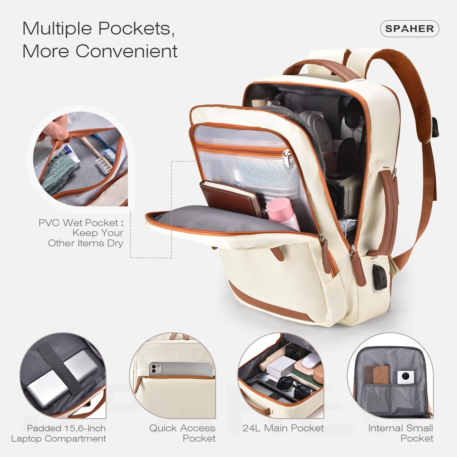 SPAHER Rozszerzalny Plecak Podróżny 40x30x15 British Airways 40x30x20 Wizzair Plecak na Laptopa 15,6 Calowy z Portem Łdowania i Mokrą Kieszenią USB Plecak do Samolotu Pracy dla Kobiet i Mężczyzn