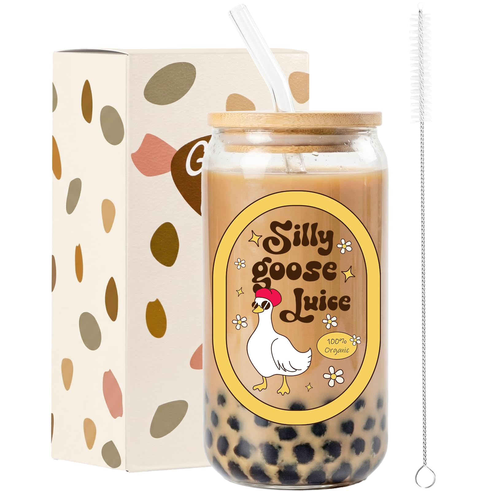 JEKUGOT Birthday Gifts for Women, Cute Silly Goose Glass Cup with Lid and Straw, 16oz Iced Coffee Cup, Silly Gifts for Women, Bestie, Friend, Cocktail, Aesthetic Iced Coffee Gift (Style 2)
