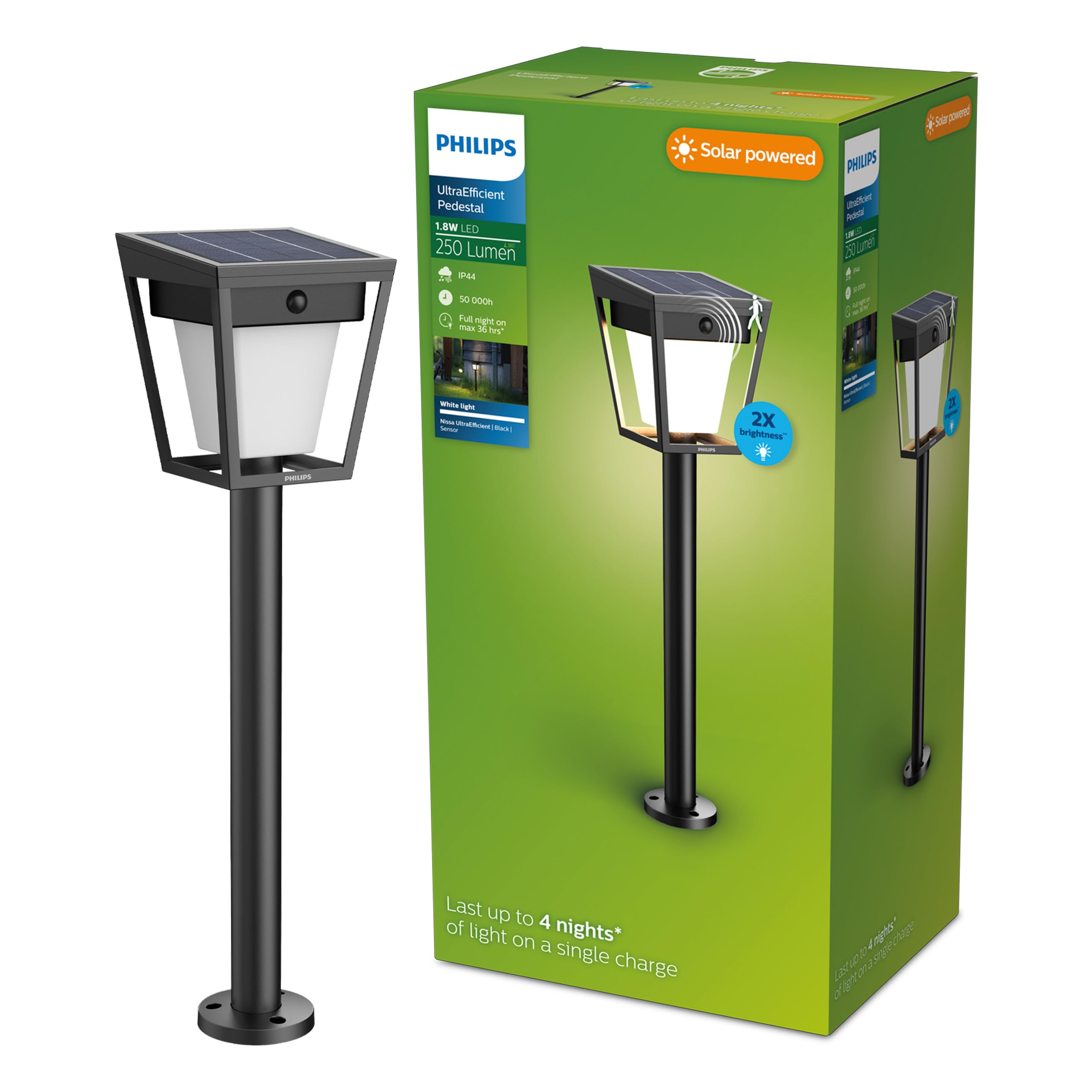 PHILIPS Nissa UltraEfficient Outdoor Solar Pedestal Light with Sensor, 3000K, 250/25lm, Black​