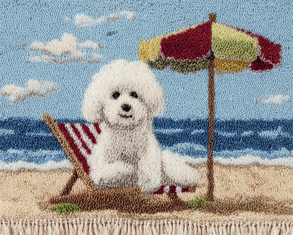 Kitquiver DIY Latch Hook Rug,Bichon Frise Sitting On A Beach Chair,Crochet Kits Embroidery Kits Home Carpet Rug Making Canvas,Needlework Crafts for Home Decor 35X46In