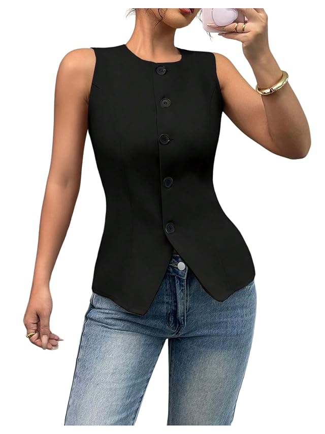 Womens Button Up Suit Vest Summer Elegant Crew Neck Fitted Waistcoat Work Office Tops