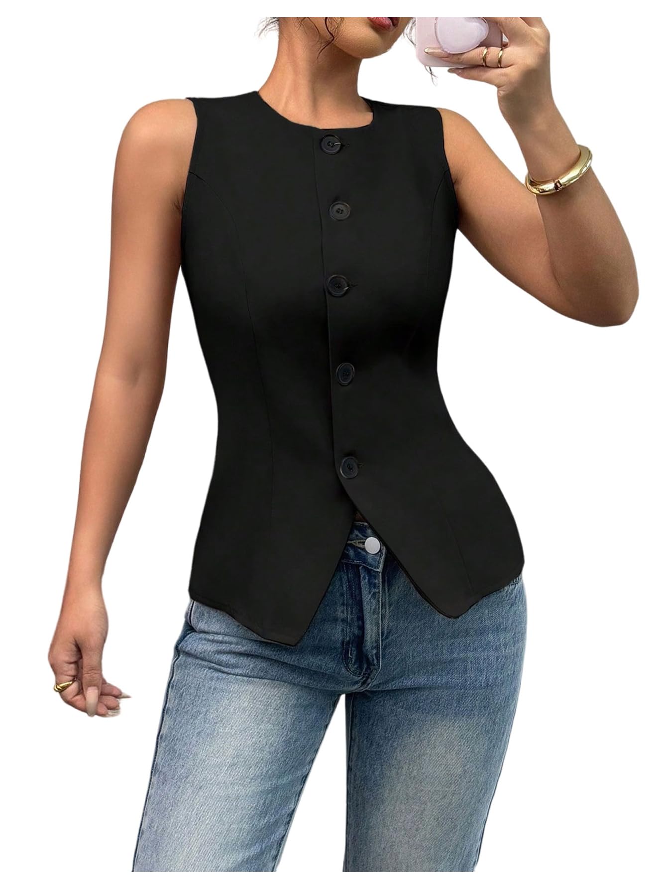 Womens Button Up Suit Vest Summer Elegant Crew Neck Fitted Waistcoat Work Office Tops