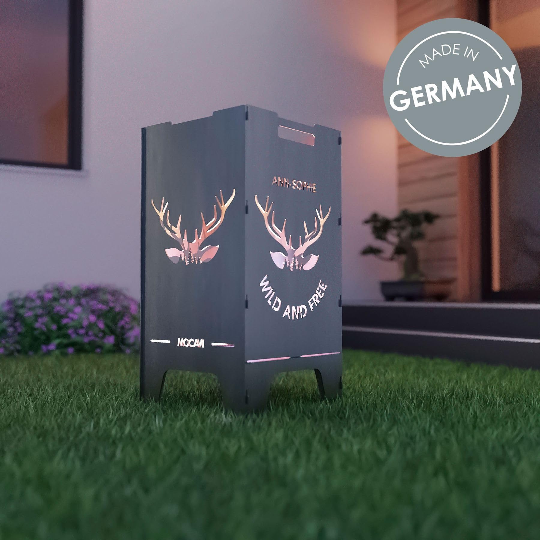 MOCAVI Feuertonne Wild 73 cm | 3 mm Stahl personalisiert Feuerkorb Feuerschale sicher massiv robust Design-Feuerfass für Garten und Terrasse groß eckig Feuerstelle Outdoor hitzefest außen