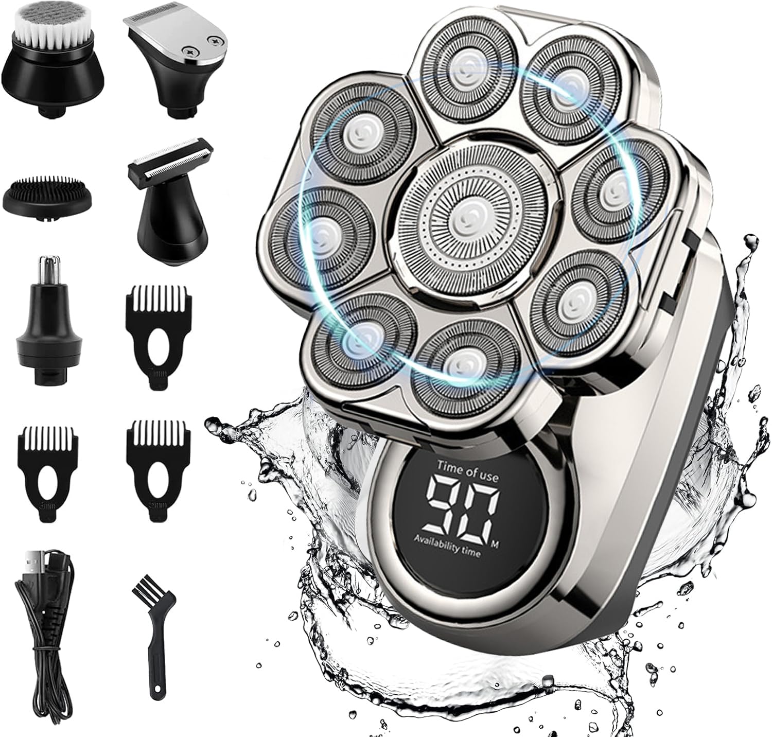 STAYOUNG 6 in 1 Electric Shavers for Men - 9D Head Shaver with LED Display for Bald Men IPX6 Waterproof, Rechargeable Rotary Shaver Multifunctional Beard Hair Trimmer(Silver)