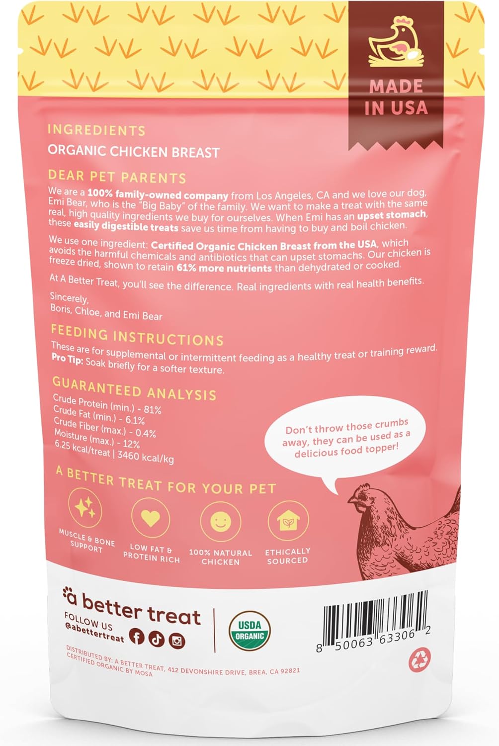 A Better Treat – Organic Freeze Dried Chicken Breast Dog Treats, Organic, Single Ingredient | Natural Healthy High Value | Gluten Free, Grain Free, High Protein, Diabetic Friendly | Made in The USA