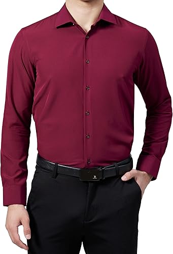 Miniatura 4 de Suxikrejci Camisas de vestir para hombre, manga larga, ajustadas, elásticas, absorben la humedad, refrescantes, sin arrugas, camisa sólida con