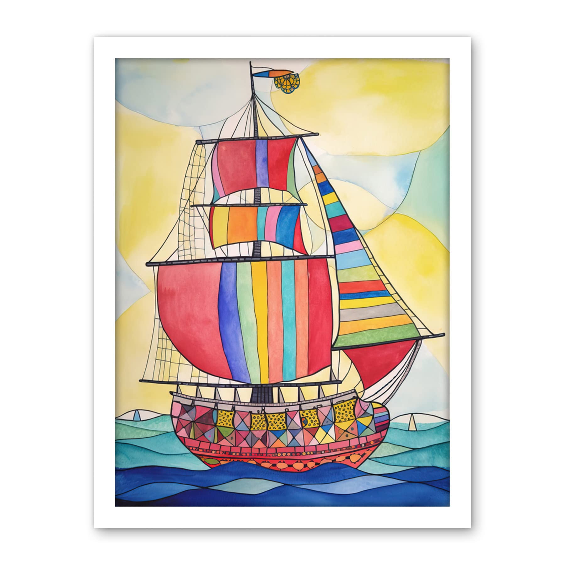 Artery8 Rainbow Colour Sailing Ship Folk Art Artwork Framed Wall Art Print 18X24 Inch