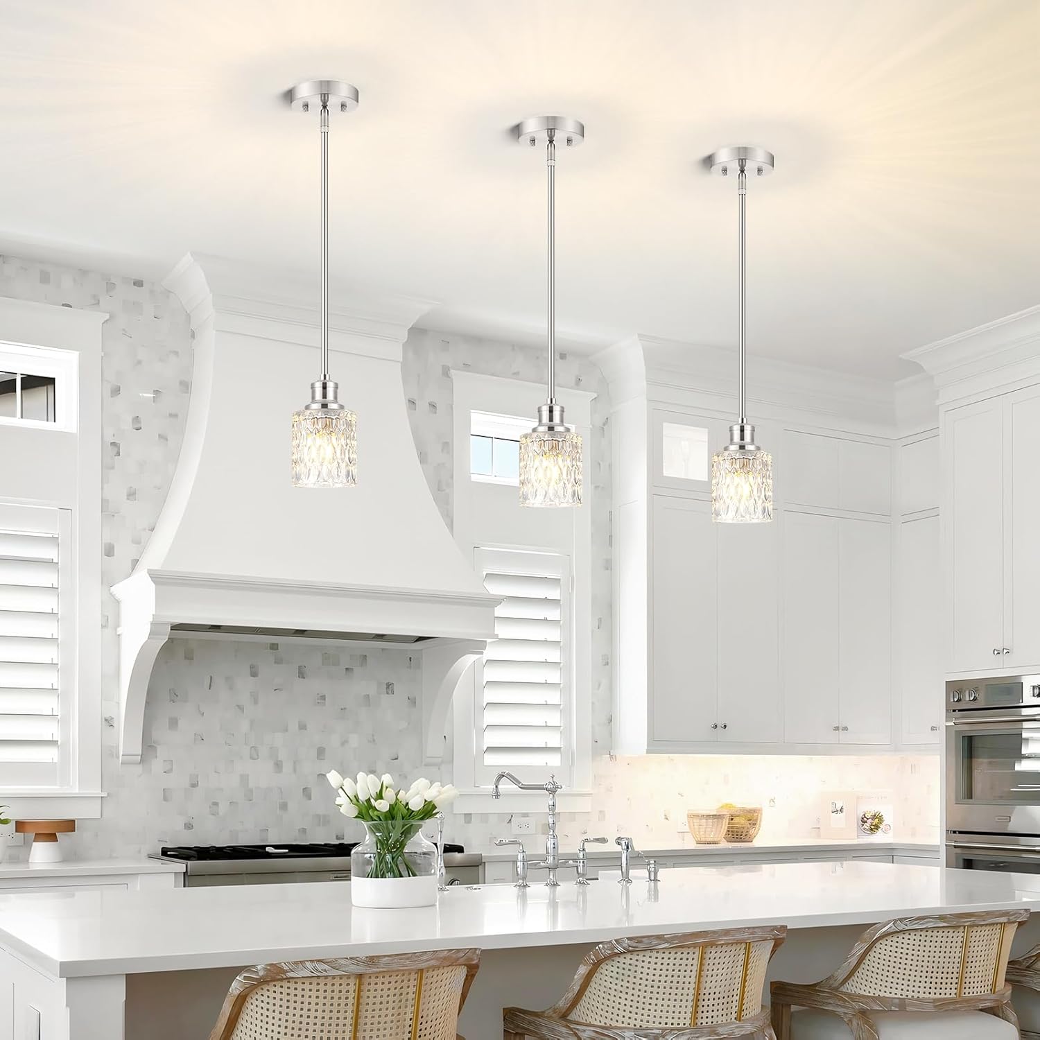 Brushed Nickel Pendant Lights Kitchen Island 3 Pack, Modern Mini Glass Pendant Light Fixtures with Drum Glass and Rods, Adjustable Hanging Light for Kitchen Sink Dining Room Bathroom