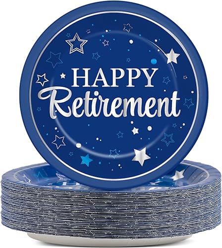 Qyeahkj 48 platos de fiesta de jubilación, suministros de fiesta de jubilación, platos de postre de papel desechables, platos azules y plateados