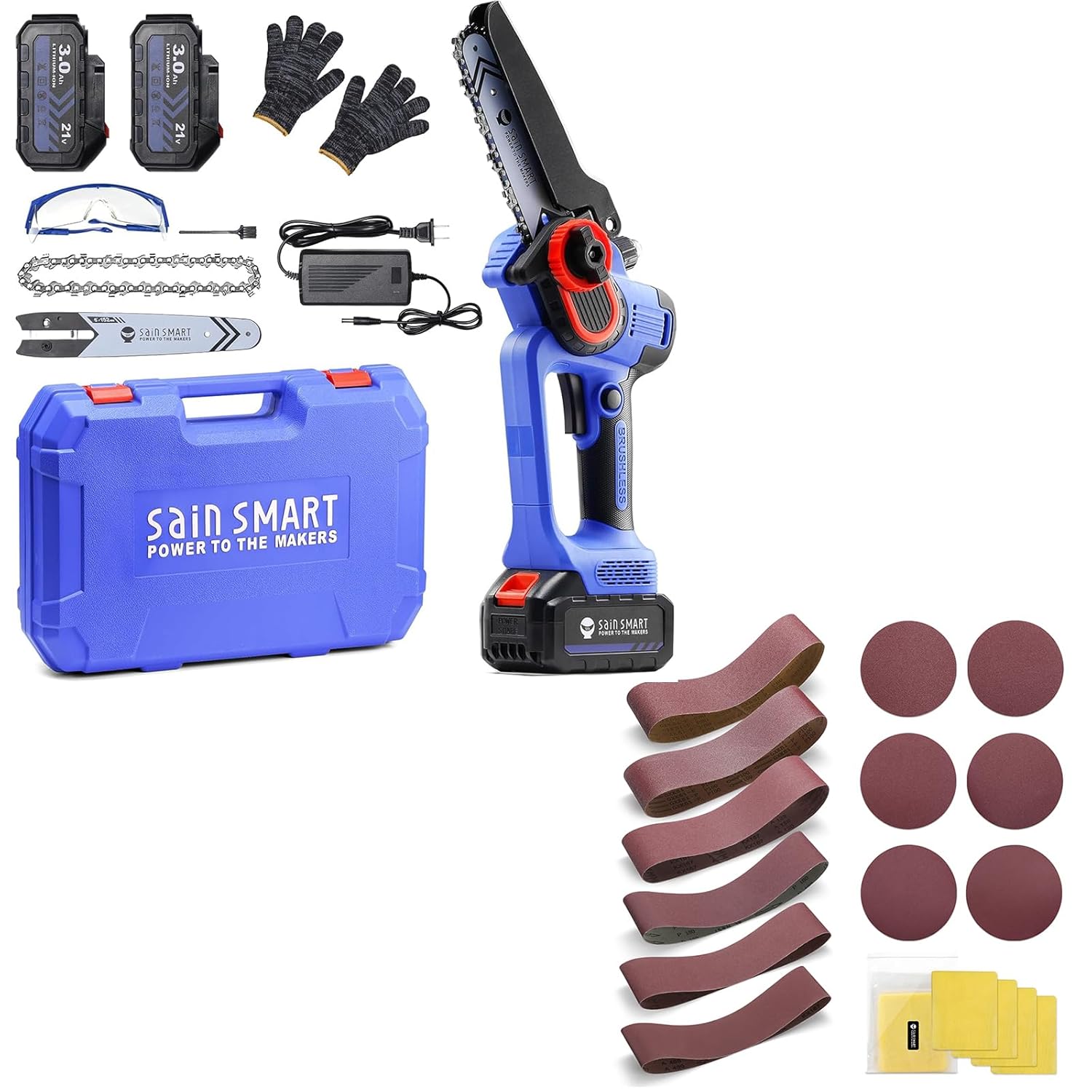 SainSmart 12PCS Aluminum Oxide 4x36 Inch Sanding Belts, 12PCS 6-inch Sanding Disc, 6PCS Wax and Silicone Free Tack Cloth + SainSmart Mini Cordless Chainsaw with 2PCS 3000mAh Batteries