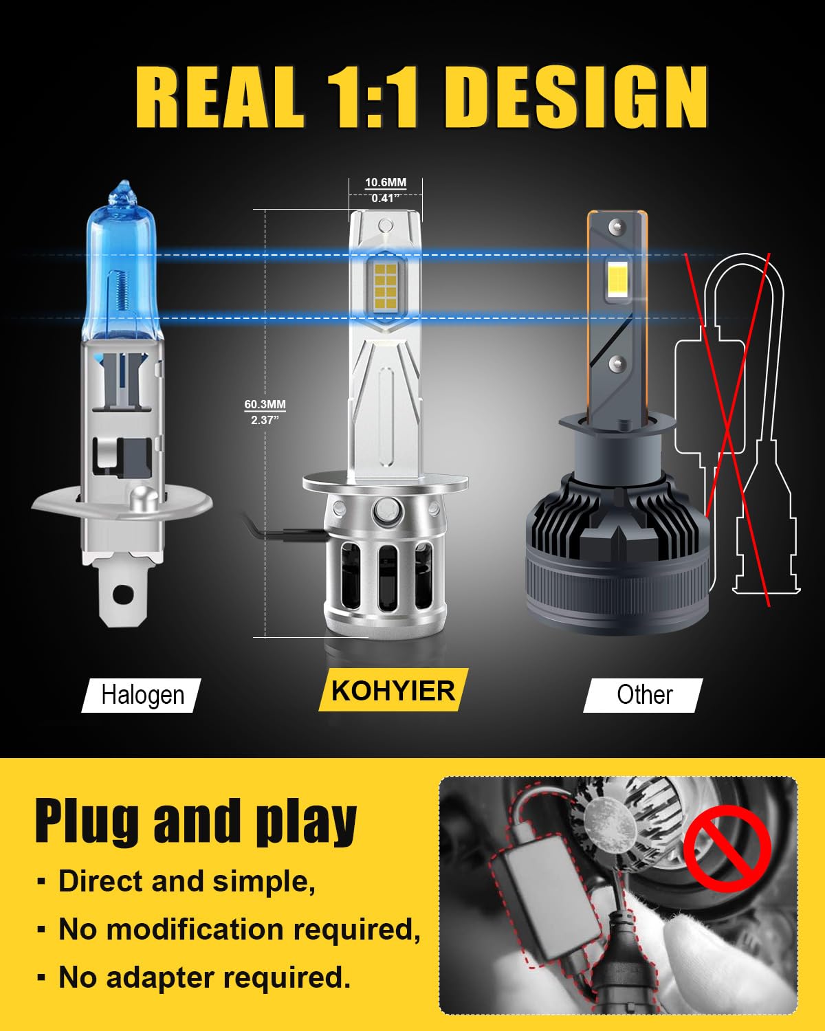 Żarówka LED H1 100W 40000LM, 800% Jaśniejsza Światło Białe 6000K, Miniaturowa Żarówka Przednia H1 LED W Skali 1:1, System Plug And Play, Opakowanie 2 Sztuki