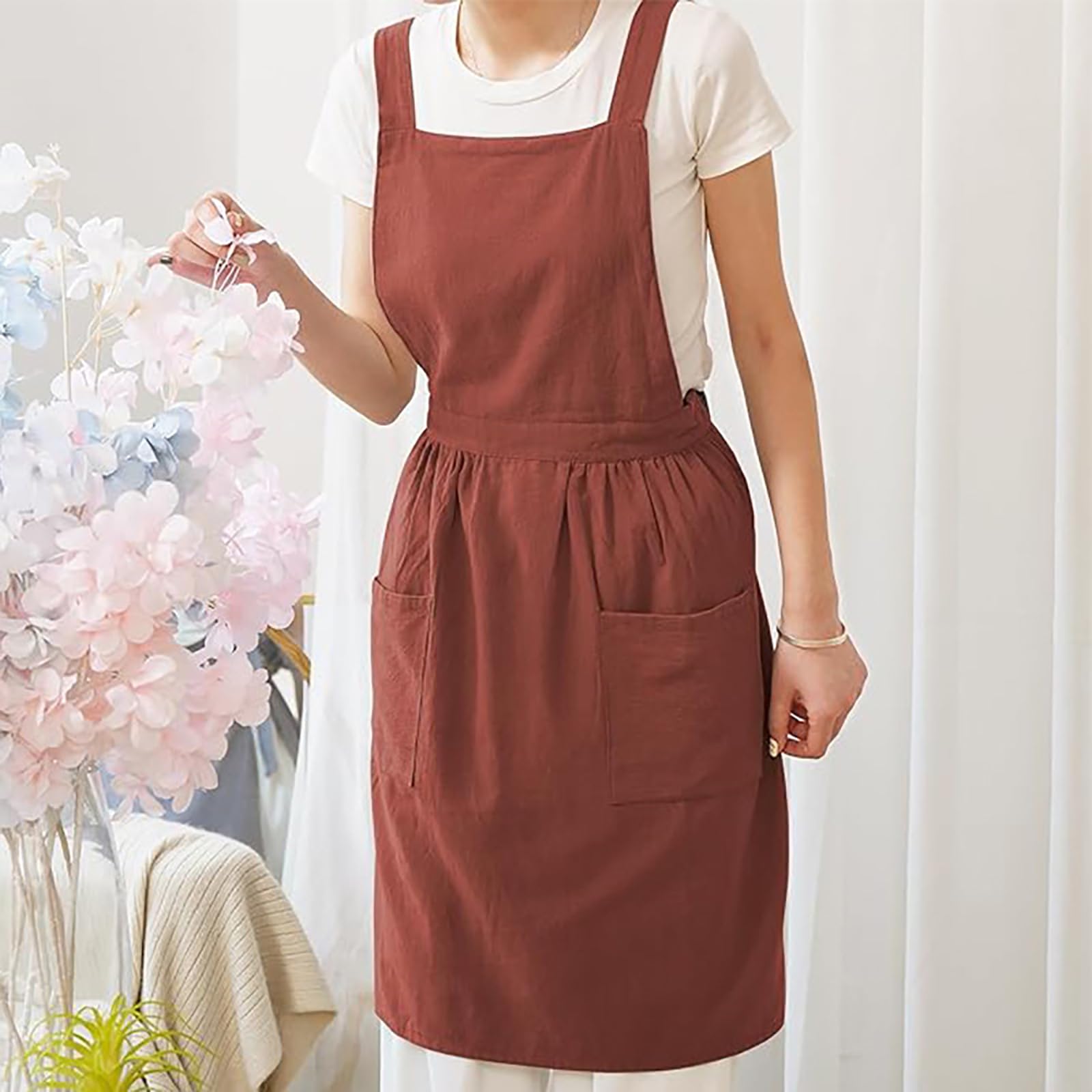 Grembiule da cucina da donna in cotone e lino, con incrocio sul retro, con tasche, per cucinare, cuocere, giardinaggio, pittura