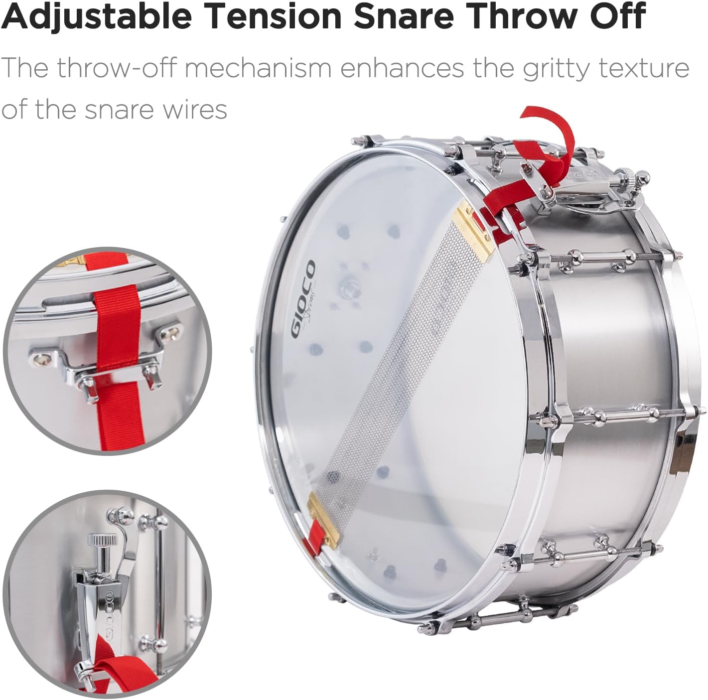 GIOCO Snare Drum Aluminum Flat-Shell Drum Shell 14 x 5 Inches, Professional Snare Drums with Carbon Steel 20-Gauge Snare Wires and Snare Throw Off, Vintage Bronze Columns Lugs for Drummer, Adult