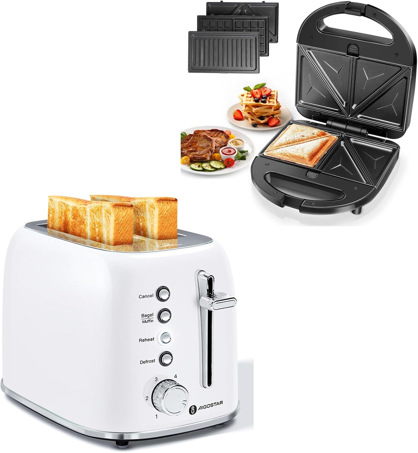 Aigostar Toaster 2 Slice Retro Toaster and 3 in 1 Sandwich Maker, Panini Press Sandwich Waffle Tortilla Toaster Stainless Steel, 1.6 inch Extra Wide Slots Bread Toaster Bagel, Cancel, Defrost Function