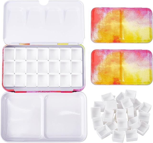 PandaHall Empty Watercolor Tins with 32 Half Pans, 16 Full Pans Rainbow Watercolor Palette Box Metal Tin Palette Paint Case for Artist Student Travel Watercolor Set with Watercolor Paints