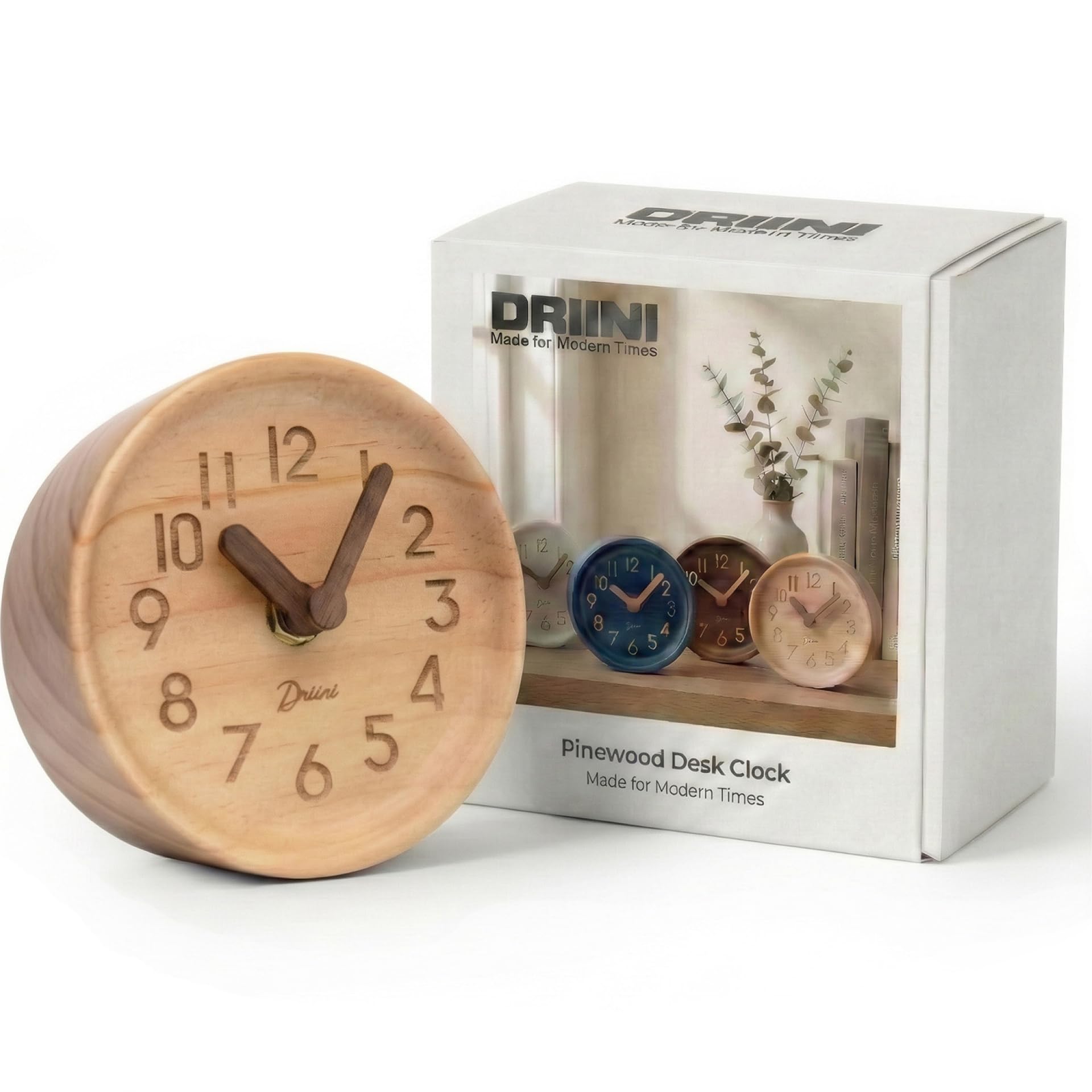 Driini Wooden Analog Desktop Clock – 4.3 in. Decorative Pinewood Clock, No-Tick Design – Easy to Read Silent Sweep Mantle Clock – Quiet Tabletop Clocks with Wood Body, Hands, & Battery Cover; Light
