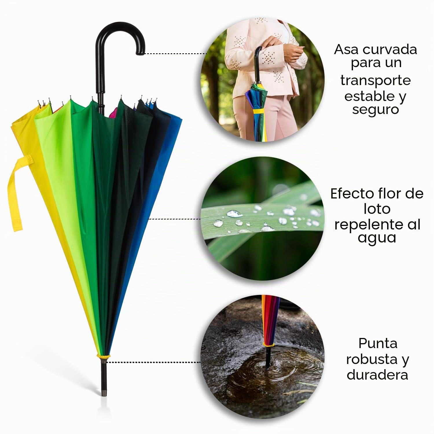 Paraguas automático de bastón color arco iris de 100 cm de diámetro resistente al viento, 16 varillas, gran resistencia a las tormentas y al viento