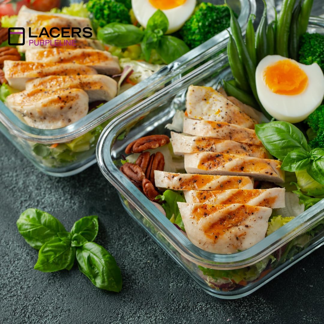 Lacers PurpleLine - Juego de 20 recipientes de cristal con tapa, recipientes de cristal para cocina, 5 x 370 ml y 5 recipientes de 1050 ml con tapa