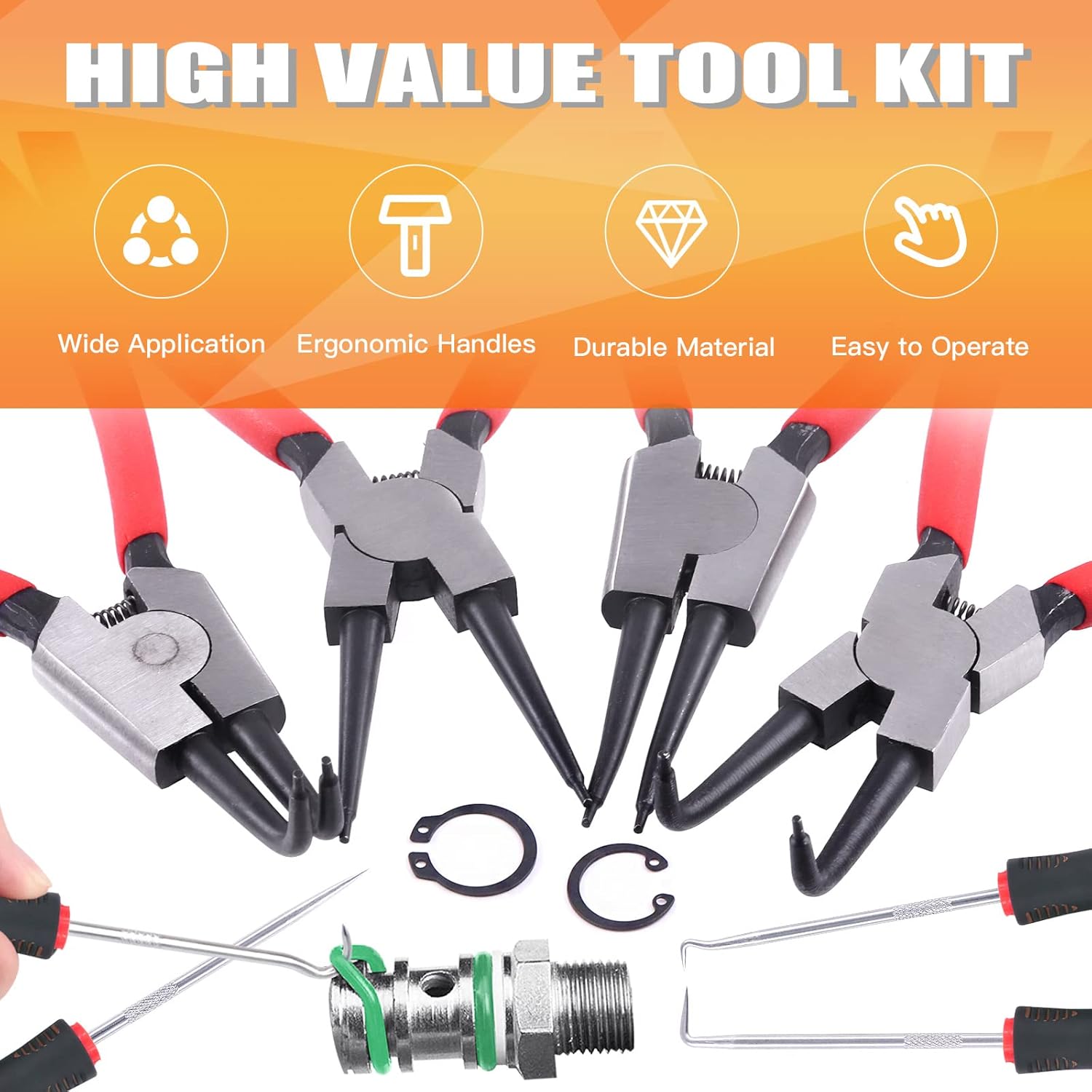 8Pcs 9 Inch Snap Ring Pliers Heavy Duty Hook Tool Set Internal External Circlip Pliers Tool Kit Straight Bent Jaw Pliers for Automotive Ring Removal Retaining