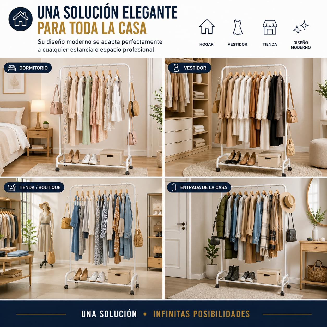 TIENDA EURASIA – Perchero Burro para Ropa con Ruedas | Acero | 4 Ganchos Laterales | Topes Antideslizantes | 4 Ruedas con Freno | Carga Máxima 25 kg | Blanco | 160x118x45.5 cm