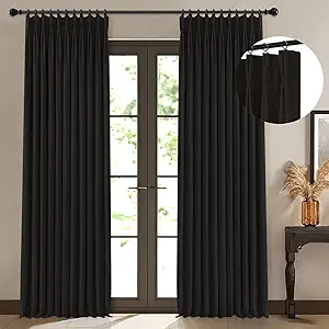 Pinch Pleated Blackout Curtains 84 Inch Long, Linen Blend, 100% Blackout Drapes with 20 Hooks, Ideal for Bedroom and Living Room, 40" W x 84" L (Pack of 2), Black