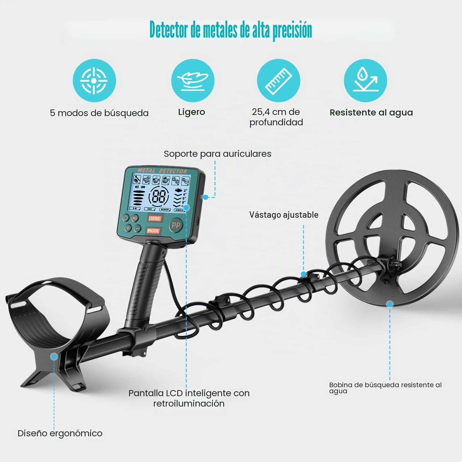 Detector de Metales Profesional con 2 baterías, 5 Modos Detectores de Metales para Adultos y niños, IP68 Impermeable Bobina de búsqueda de 26 cm con Pantalla LCD, Auriculares(Azul Verdoso)