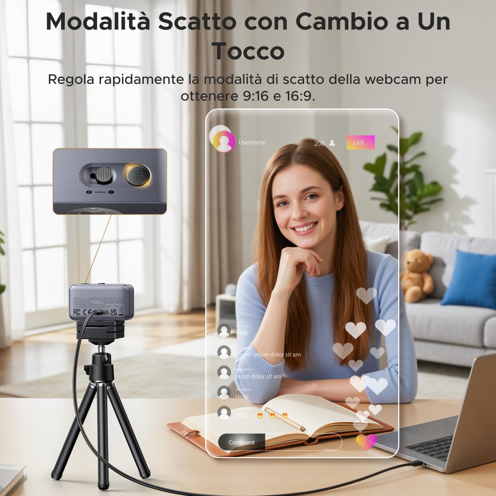 UGREEN FineCam 4K Webcam 30FPS Ultra HD Webcam USB Fuoco Automatico Treppiede Metallico Doppio Microfono Face AE Commutazione Verticale Orizzontale per Windows MacOS Linux Youtube Skype Appel Zoom