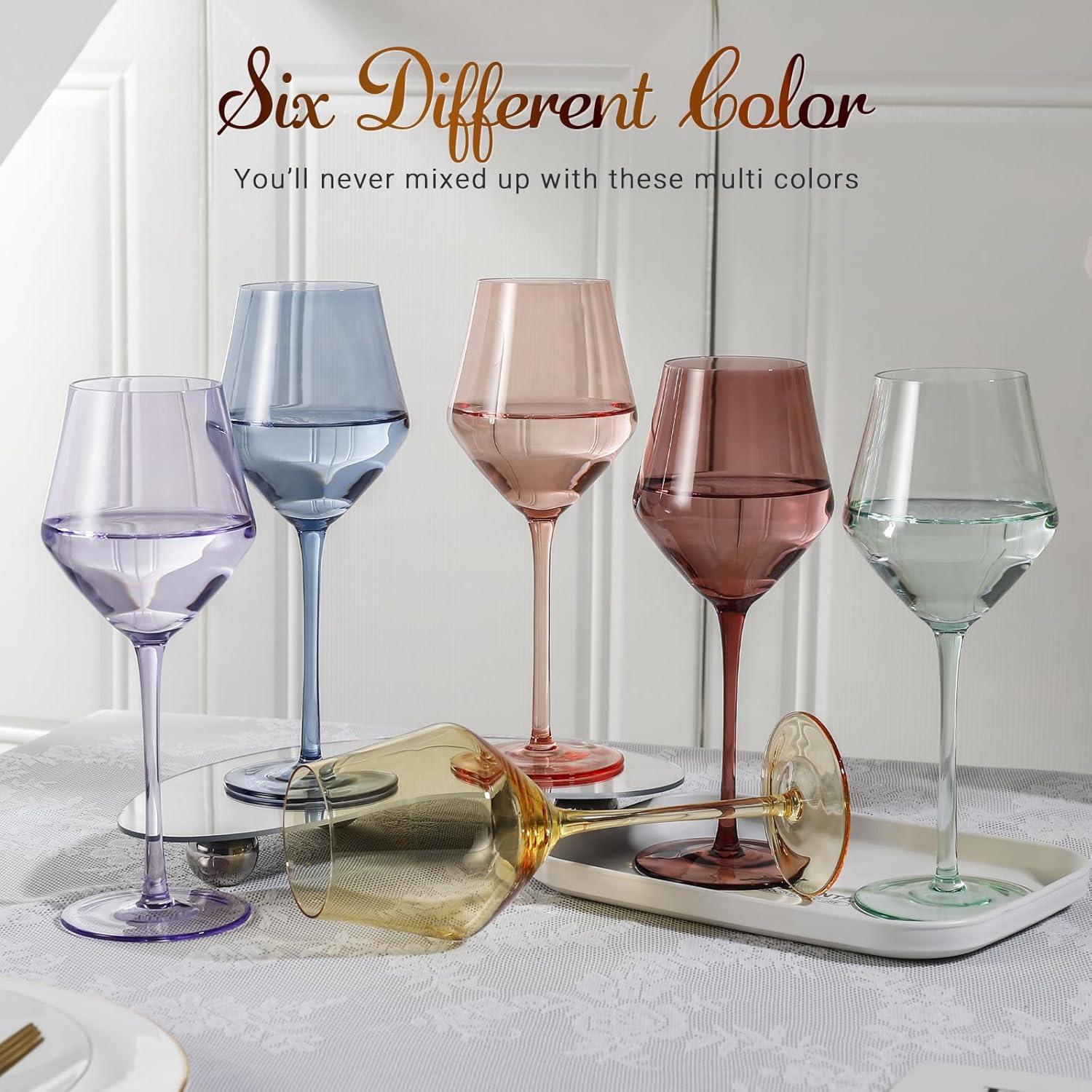 HandBlown Muted Color Wine Glasses Set 6, 16oz Pastel Crystal Wine Glass with Stem, Elegant Soft-Tone Aesthetic for Home Decor, Wine Gift for Women,Birthday, Housewarming,Anniversary