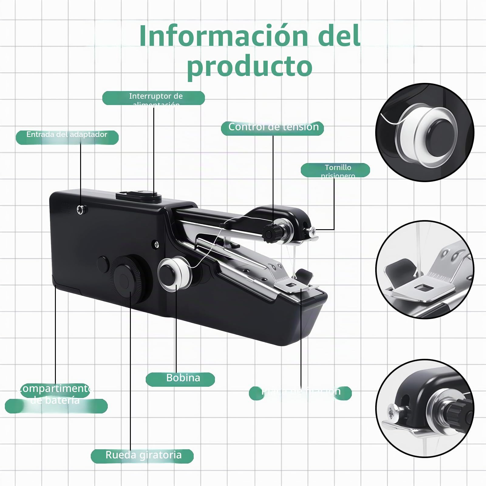 Mini Máquina de Coser Portátil, Máquina de Coser Eléctrica Portátil Negro, Eléctrica con Puntada Rápida y Velocidad Ajustable, Kit de Reparación de Ropa DIY para Hogar y Viaje con Accesorios