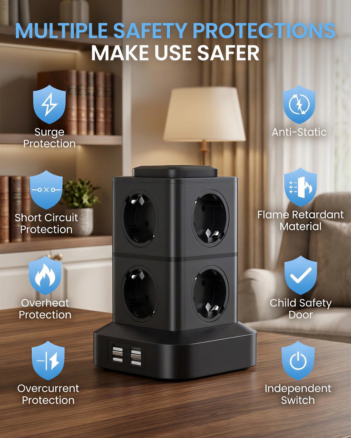 AOKBON Torre Regletas Enchufes 8 Tomas de AC y 4 Regleta USB Enchufe Multiple 2500W/10A Regletas Vertical 3 Metro Regleta Enchufes Proteccion Sobretension con Interruptor para Casa,Mesa, Oficina — view 4