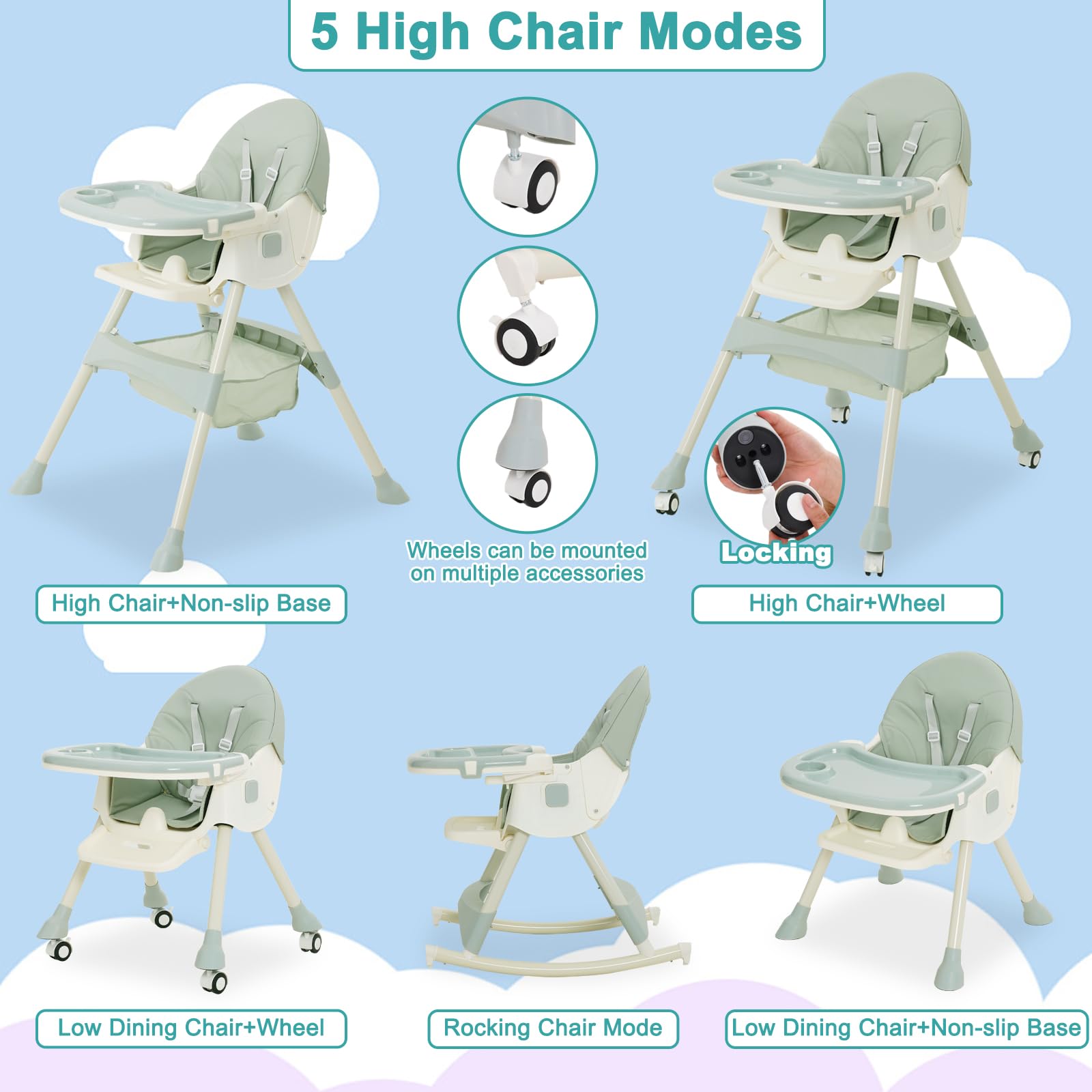 Trona Bebé Evolutiva 3 en 1,Plegable,Reclinable,Doble Bandeja Desmontable,con Ruedas Universales,3 Respaldos Ajustables y Cinturón de Seguridad de 5 Puntos,Para Bebés a partir de 6 Meses,Verde