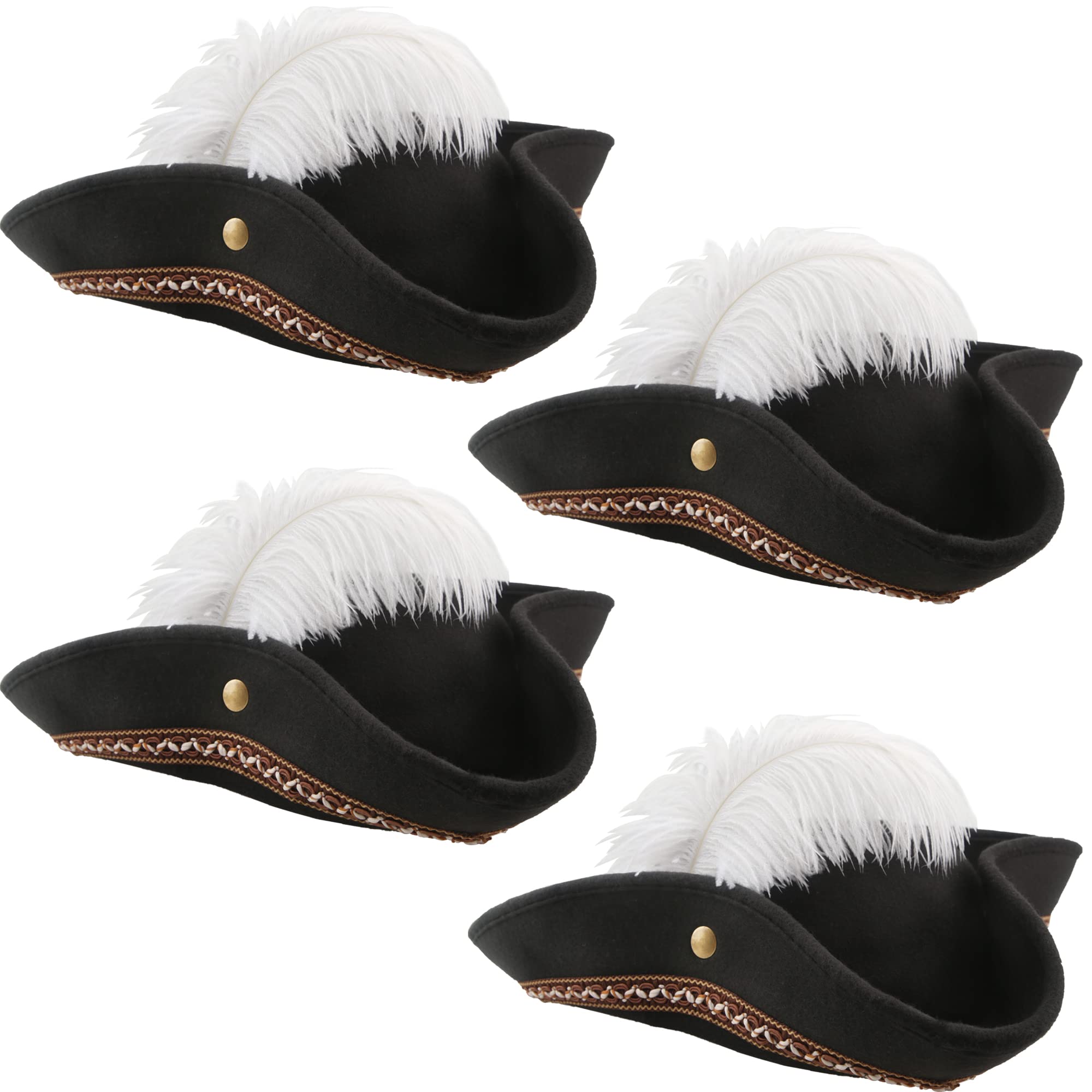 SGBETTER 4 Pack Black Pirate Tricorn Hats with White Feather Buccaneer Hat Pirate Hat for Men Women Pirate Theme Party Cosplay Costume Accessories